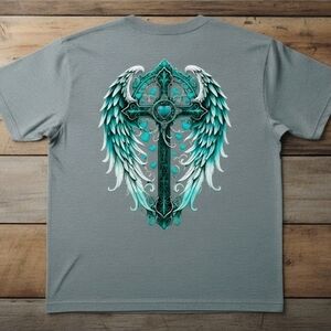 Angel Wing Cross Tee • Teal Faith Warrior Shirt • Christian Front & Back Graphic